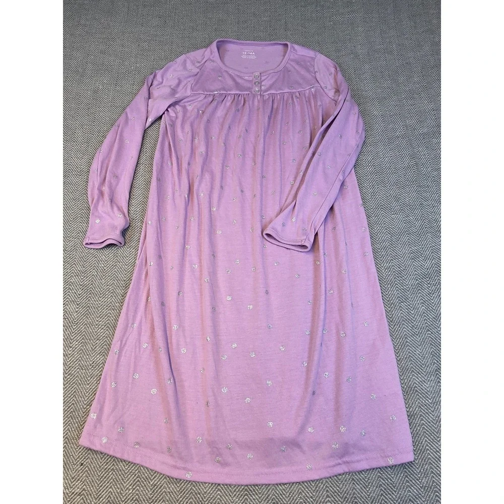 Carters Girls Purple Silver Glitter Polka Dot Long Sleeve Nightgown Size 12-14A